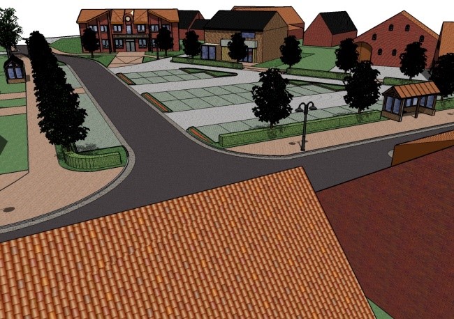Visualisierung eines Dorfplatzes mit Straßenraum